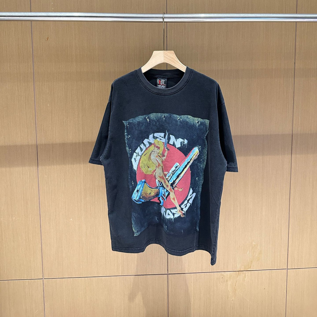 P9QY American Retro Gunsn Roses Guns N' Roses rock band washed vintage short-sleeve loose casual shi