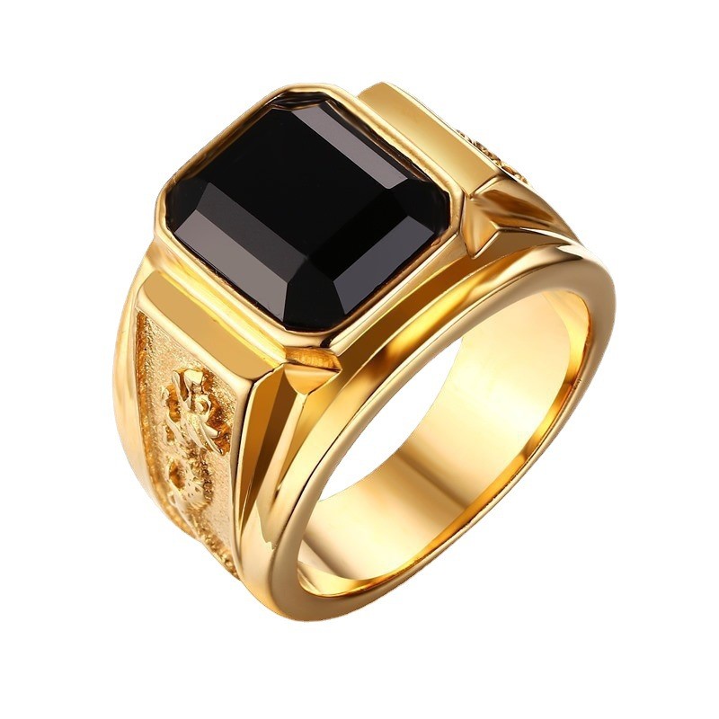 Nhẫn nam mạ vàng vuông màu đen Onyx Signet Ring, họa tiết dập nổi Nhẫn đeo tay quý ông