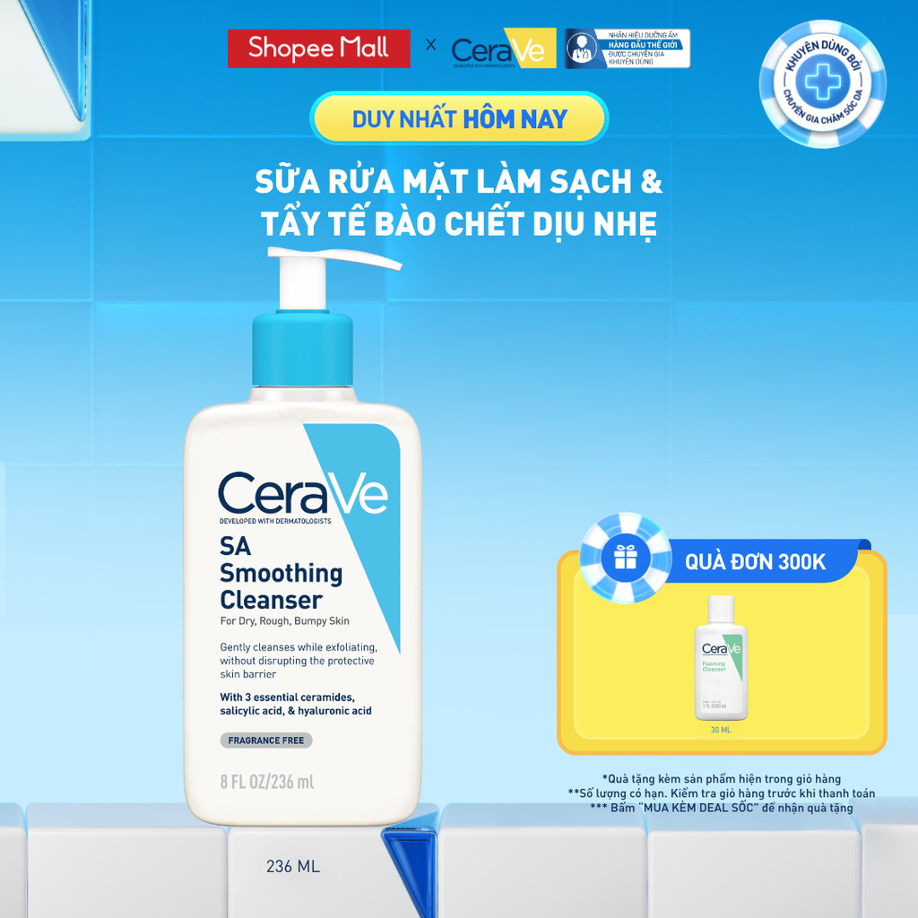 Sữa rửa mặt làm sạch da, loại bỏ dầu thừa và tẩy tế bào chết dịu nhẹ không gây khô da CeraVe SA Smoothing Cleanser 236ML | BigBuy360 - bigbuy360.vn