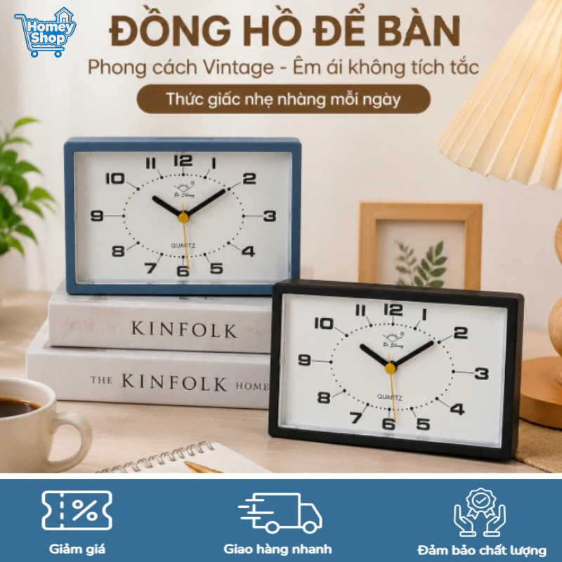 Đồng hồ báo thức để bàn vintage có đèn, đồng hồ để bàn kim trôi yên tĩnh decor phòng ngủ-HomeyShop