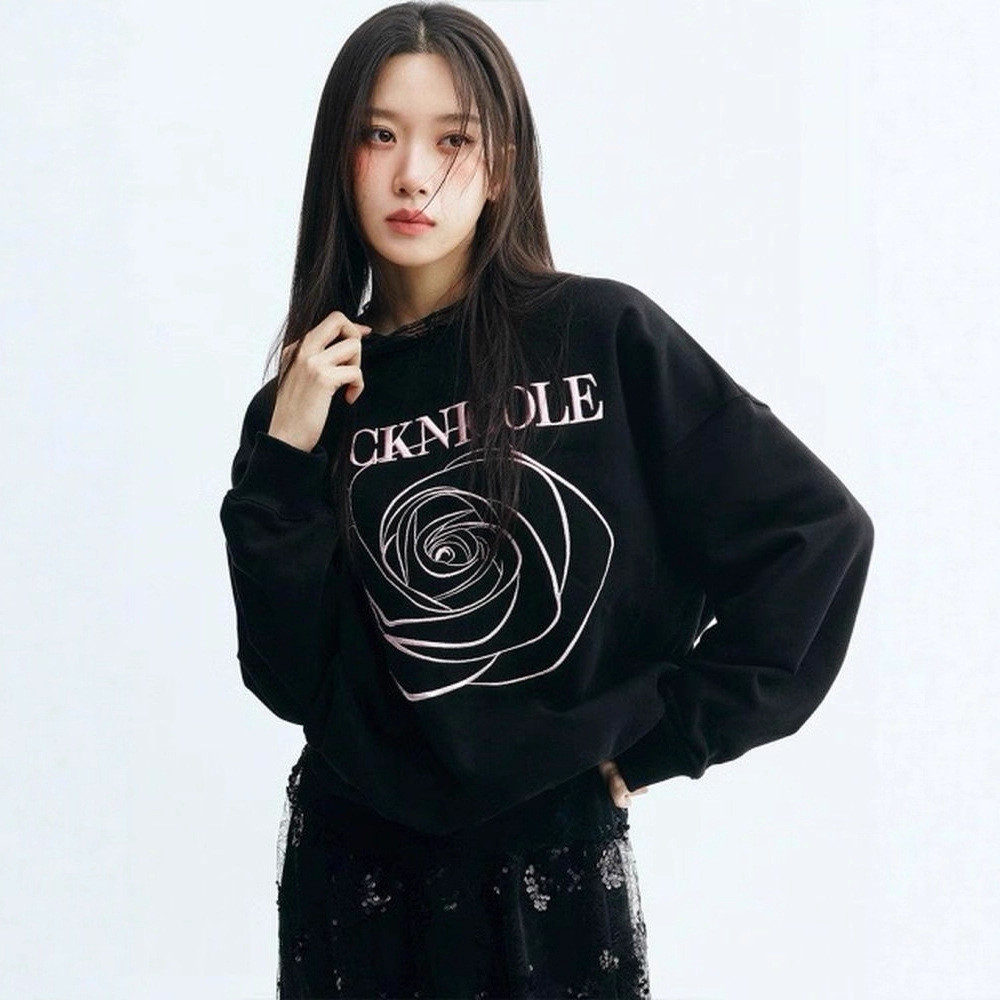 0JJ8 Wen Jiayong's same style from Korea NICK NICOLE Letter rose embroidery loose round neck sweatsh