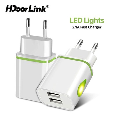 Bộ sạc tường USB kép HdoorLink Bộ sạc phích cắm EU có đèn LED 2 cổng 2A Đầu ra Điện thoại phổ thông Máy tính bảng Sạc nhanh Bộ chuyển đổi nguồn