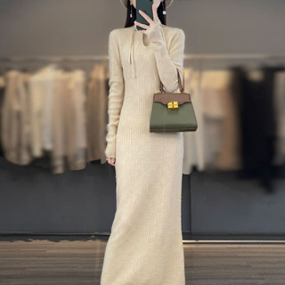 Đầm len 100% thuần khiết cho phụ nữ mùa thu đông, áo len cao cấp ôm eo, phong cách quốc gia, cổ tròn, màu sắc đồng nhất,