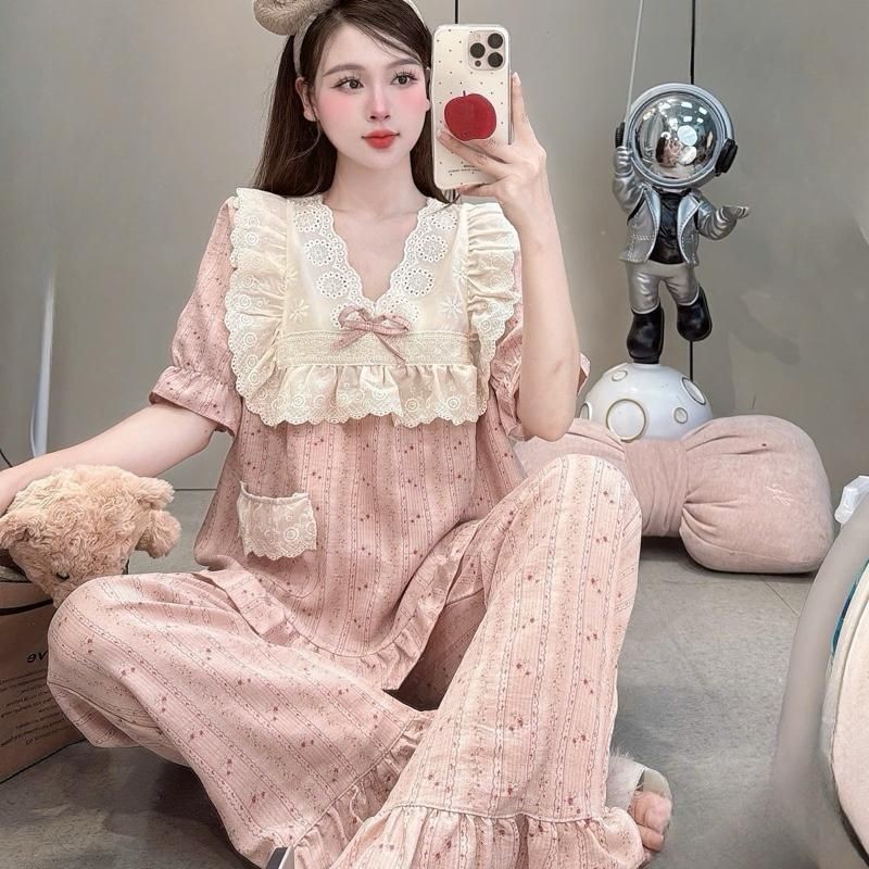 Sammy Bộ Mặc Nhà Cổ V Viền ren bản to chất liệu Đũi Vân mây hoạ tiết xinh xắn dễ thương cho Nữ DD22 Sammy nhiều màu sắc | BigBuy360 - bigbuy360.vn