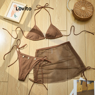 Lovito Bộ Bikini Boho Bộ Bikini vỏ lưới tương phản trơn dành cho nữ LBL18863