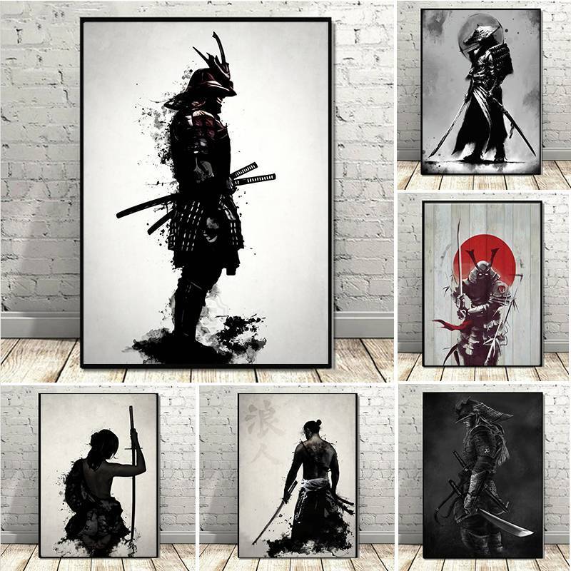 Mực Nhật Bản Samurai Ronin Canvas Nghệ Thuật Treo Tường Bushido Katana Chiến Binh Bắn In Poster Bộ N