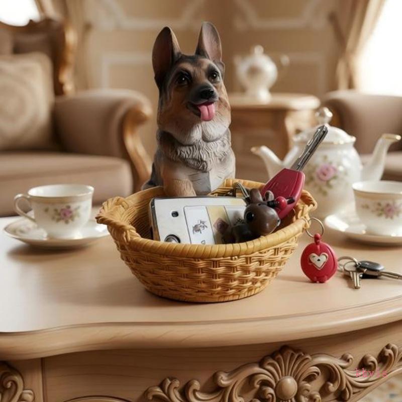 German Shepherd Dog Resin Desktop Basket Organizer for Small Item Storage
