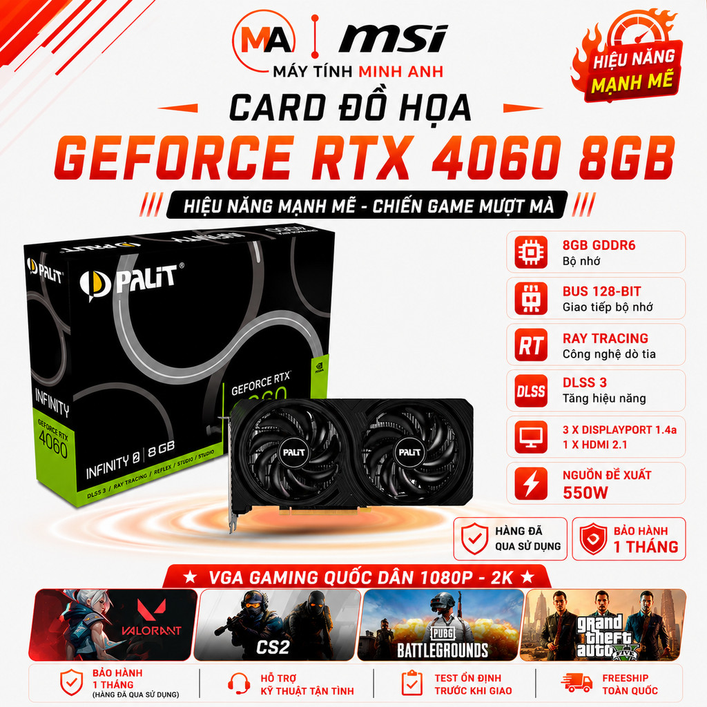 VGA Card màn hình NVIDIA GeForce RTX 4060 GIGABYTE, ASUS, PALIT, MAXSUN, Gainward Hàng đẹp 99%