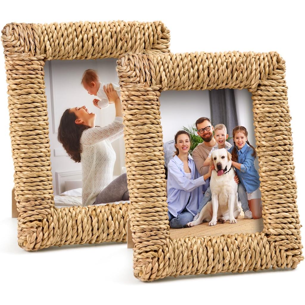 2 Khung Ảnh Mây, Khung Ảnh Boho 4x6 Bộ Khung Ảnh Handmade Trang Trại Wicker Cho Màn Hình Treo Tường 