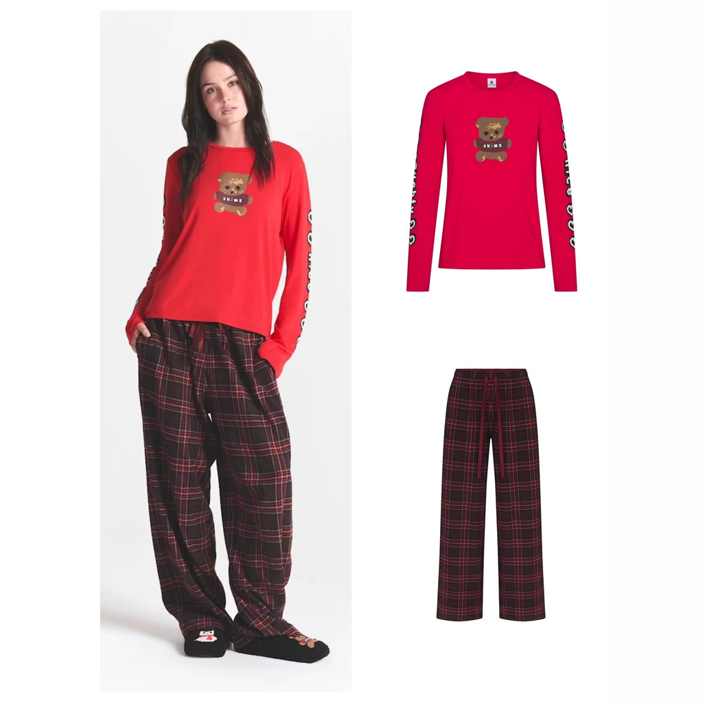 skims Kardashian Christmas limited edition pajama set, long-sleeved and long-pants loungewear set wi