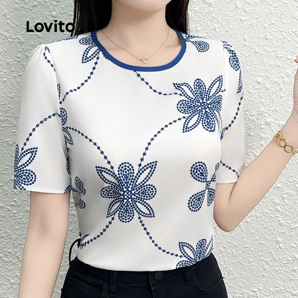 (New) Lovito Áo sơ mi thường màu phong cách casual mùa xuân/hè áo sơ mi dành cho nữ màu xanh lam và 