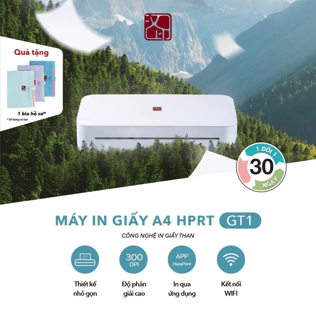 Máy in A4 HPRT GT1 - In 300DPI, Wifi, Ruy Băng Giấy Than, Lưu Trữ Bền Bỉ với Giấy A4 Thường.
