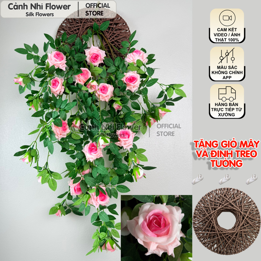 Rủ hoa hồng giả treo tường trang trí giỏ mây – Combo giỏ mây + 35 bông hoa + đinh treo – Cảnh Nhi Flower