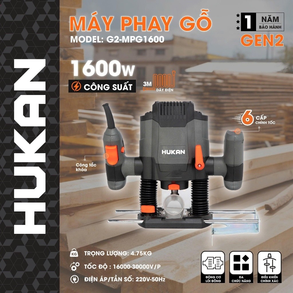Máy Phay Gỗ Dùng Điện Hukan G2-MPG1600 Chính Hãng HUKAN