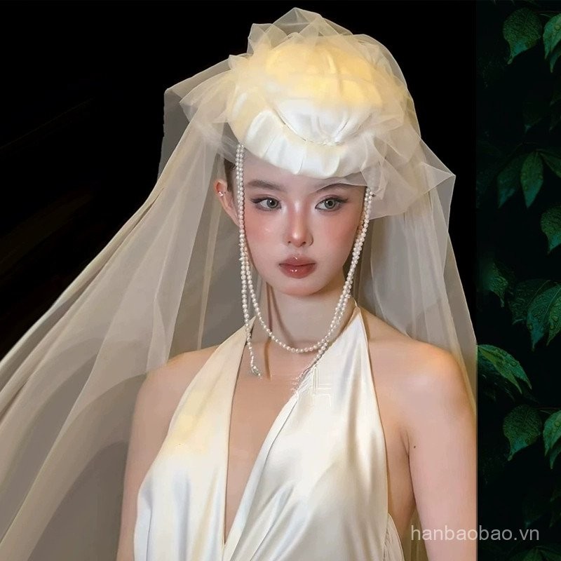 New French Retro Pearl Hat with Veil Bridal Wedding Dress