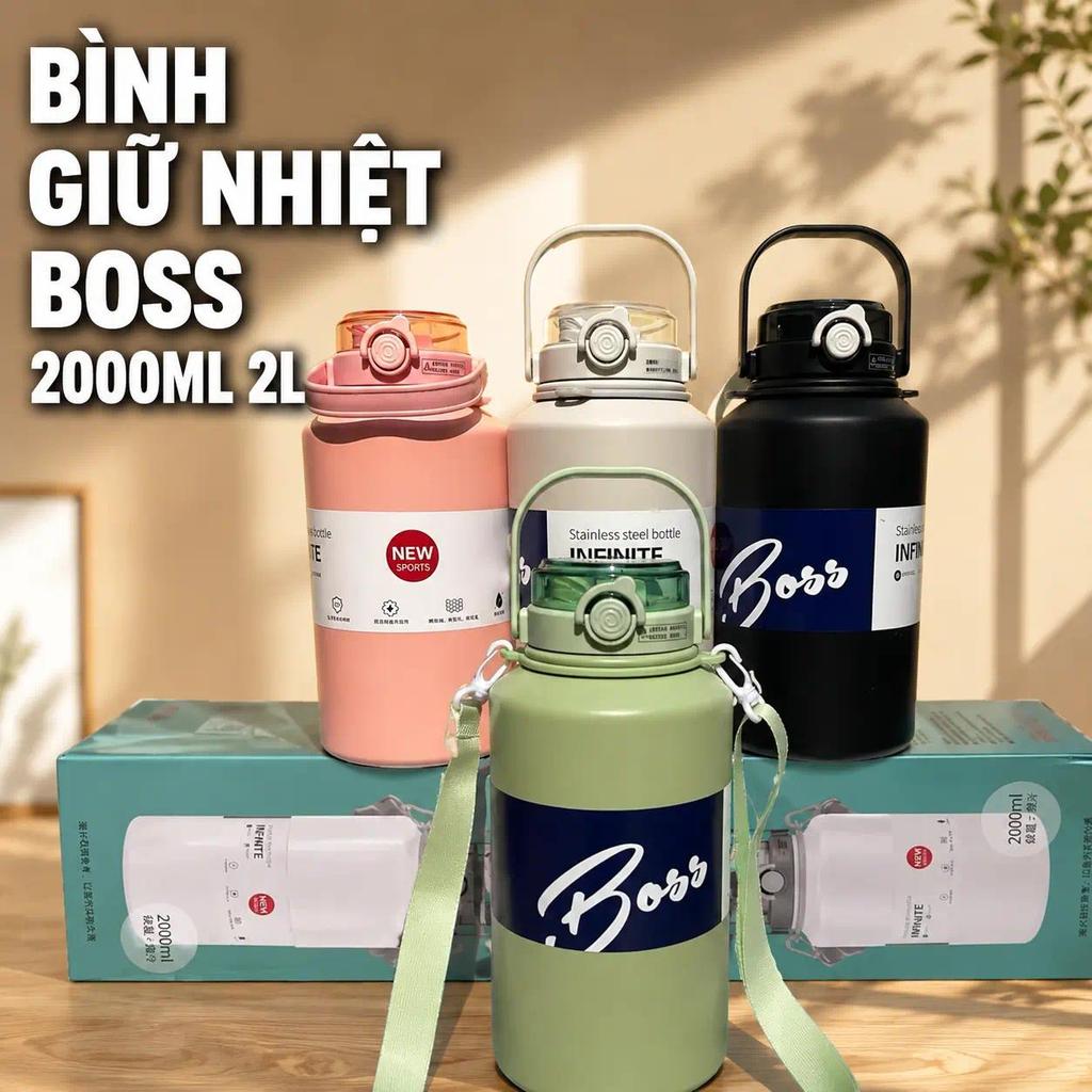 Bình Giữ Nhiệt Boss 2000ml 2L Có Quai Xách Quai Đeo Tiện Lợi Tặng Sticker 3D
