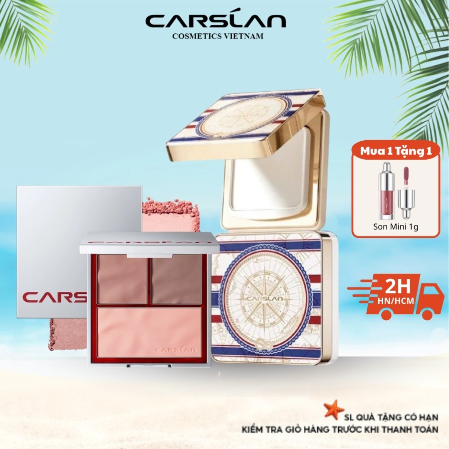 Combo Phấn Nén Carslan Kiềm Dầu Bản Limited Chống Nước+ Phấn Má 3 Màu Tone Hồng Đào Ngọt Ngào