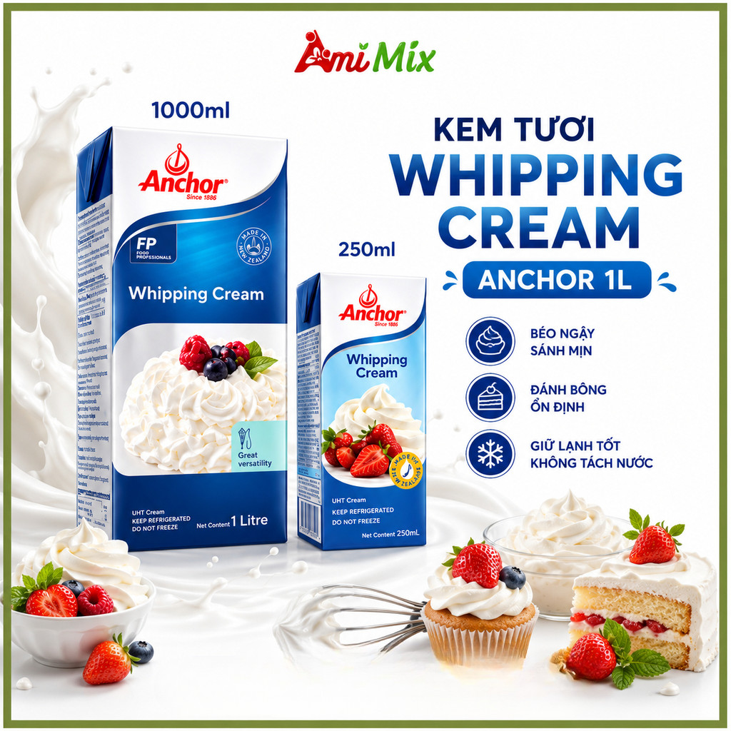 (HỎA TỐC) Kem Tươi Whipping Cream Anchor 1L Và 250Ml Béo Ngậy Cho Làm Bánh Và Pha Chế