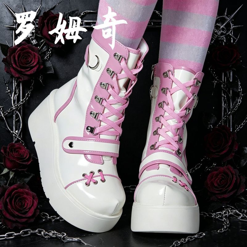 Giày đế dày Hot Girl Dây chuyền trang trí Wedge Gót Martin Boots 2y Giày đế dày