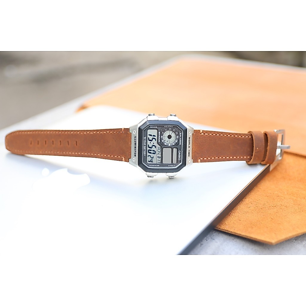 Dây da thay thế đồng hồ Casio AE1200 da bò sáp handmade