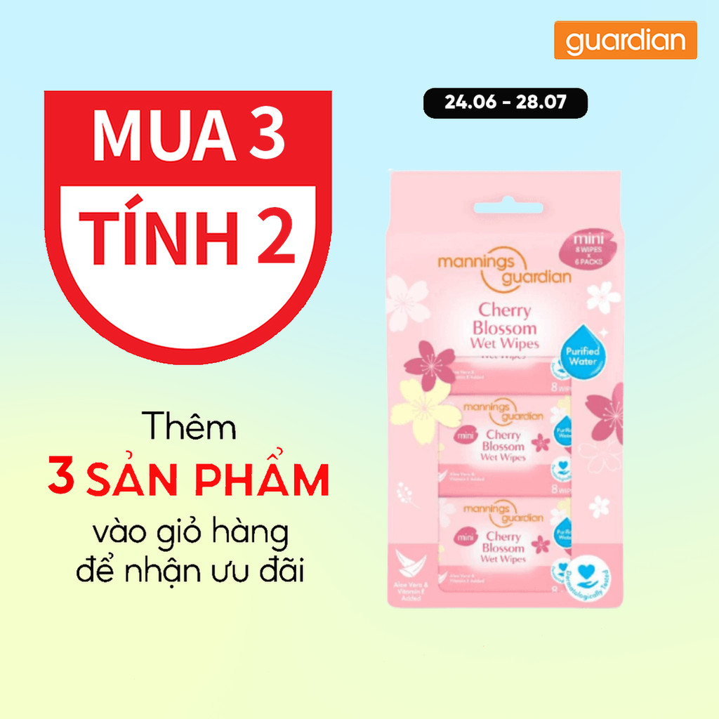 Khăn Ướt Không Hương Mini Mannings Guardian 8 Tờ X 6 Gói | Guardian Việt Nam