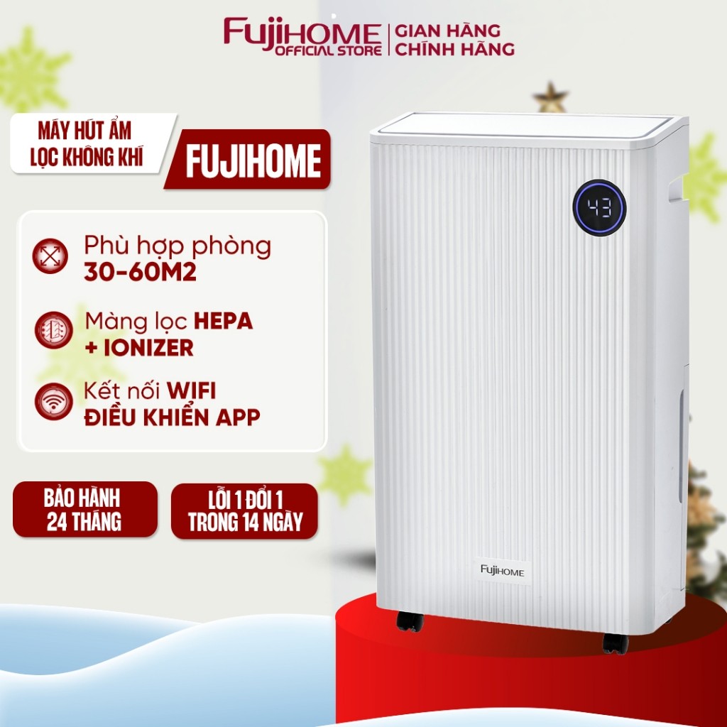 Máy hút ẩm 25L/ngày lọc không khí HEPA FUJIHOME DH25W phòng 55m2, kết nối Wifi bằng máy nén Block ph