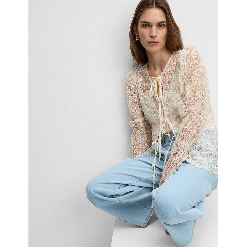 M&S - Women Tops - Lace Round Neck Tie Front Blouse - IVORY
