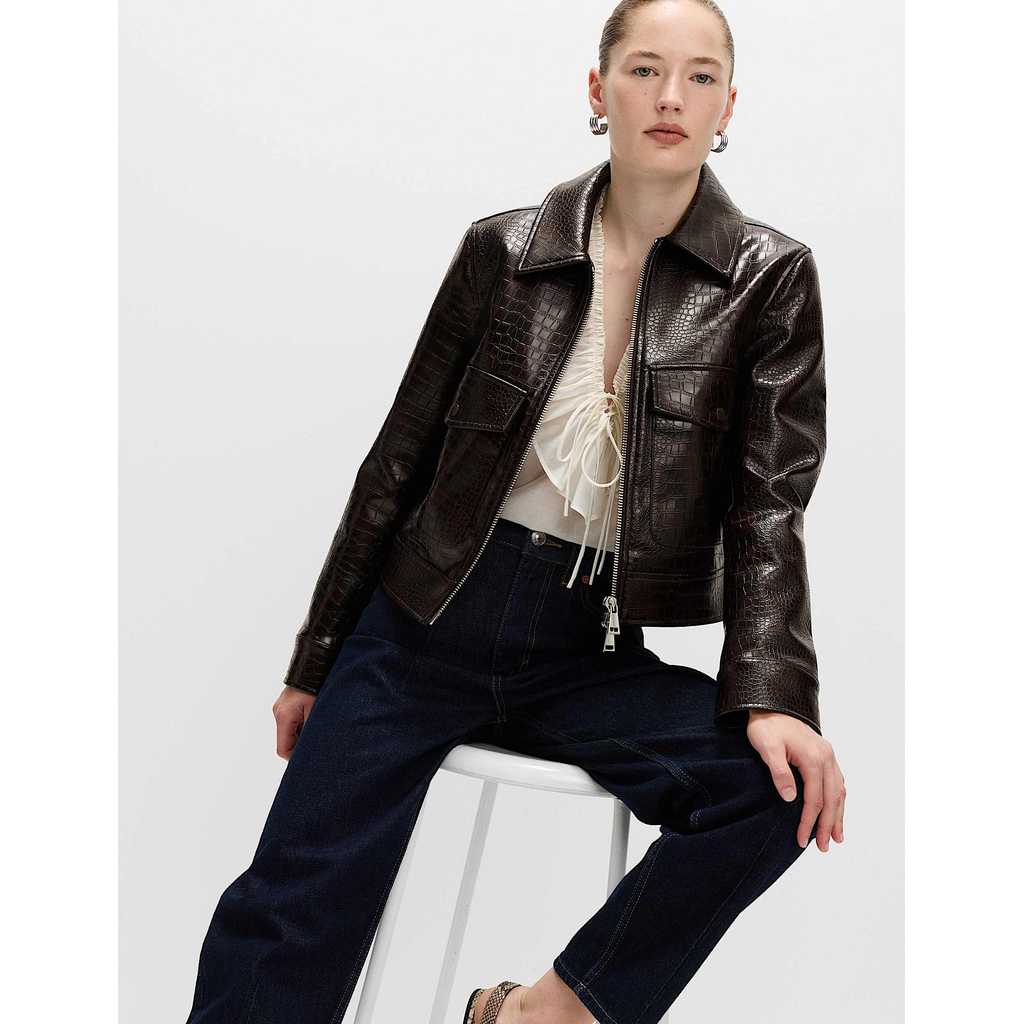 M&S - Faux Leather Croc Harrington Jacket - DARK CHOCOLATE