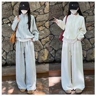  Set Đồ Nam Nữ Thể Thao Bộ Nỉ Sweater Croptop Cổ Cao Khóa Kéo Kèm Quần Ống Rộng Ấm Áp 