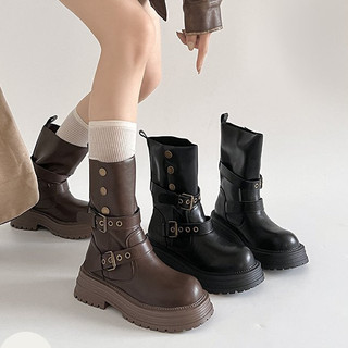 W Mùa Đông Phong Cách Mới Thời Trang Đế Dày Melade Phong Cách Giữa Ống Giày Bốt Ngắn Chân Tròn PU Gót Dày Thoải Mái Mặc Bên Ngoài Chống Trơn Trượt Chống Mài Mòn Hai Cánh Nâng Cao Sli