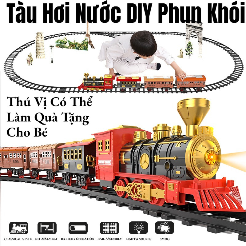 Tàu Hơi Nước DIY Phun Khói,Đồ Chơi Mô Hình Tàu Hỏa Cổ điển Chạy Trên đường Ray,Thú Vị Có Thể Làm Quà