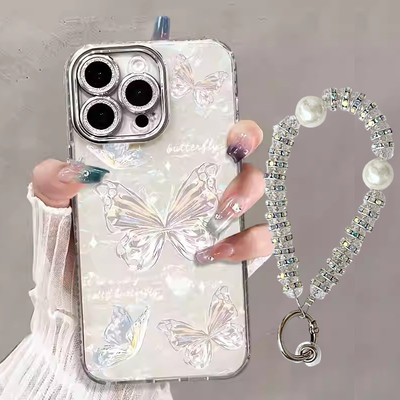 Ốp điện thoại cứng chống sốc hình con bướm dễ thương Kawaii có bảo vệ ống kính máy ảnh và dây đeo điện thoại Tương thích cho iPhone 17 Air 16 15 13 12 11 Pro Max ip 14 Plus MZ05020