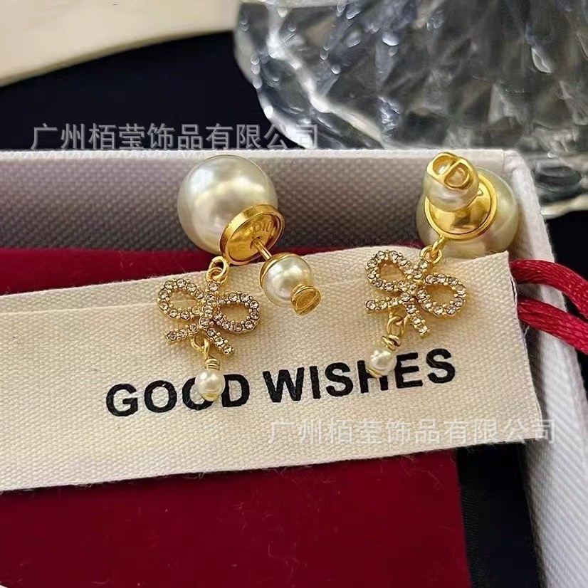 Dijia D-Set Kim Cương Nơ Ngọc Trai Tua Rua Bông Tai Nữ Tính Khí Mới Ngọc Trai CD Bông Tai