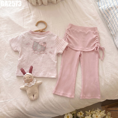 Set Áo Thun Kẻ Sọc Thêu Mèo Phối Quần Loe Rút Dây cho bé gái màu hồng co giãn MINTSCLOSET GA2573