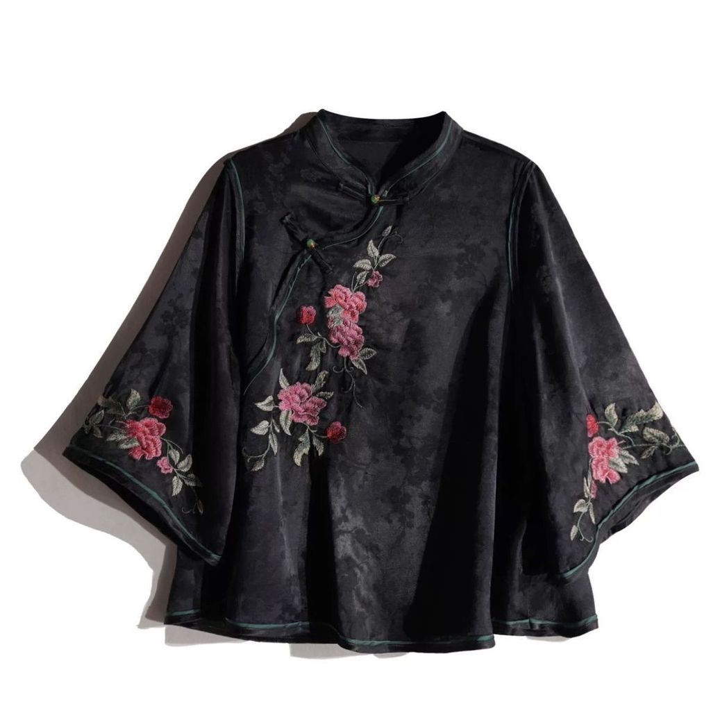 Cừu Công Nghiệp Nặng Jacquard Thêu Phong Cách Trung Quốc Cổ Đứng Mùa Hè Đính Hạt Áo Sơ Mi Nhỏ Phong 