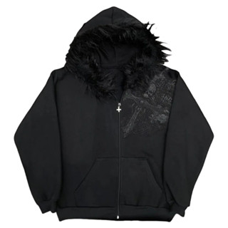  Mùa Thu Đông Thời Trang Len Áo Khoác Bông Tai Kẹp Hip Hop Đầu Lâu Dài Tay Áo Có Mũ Trùm Đầu Retro Áo Nam Nữ Dạo Phố 