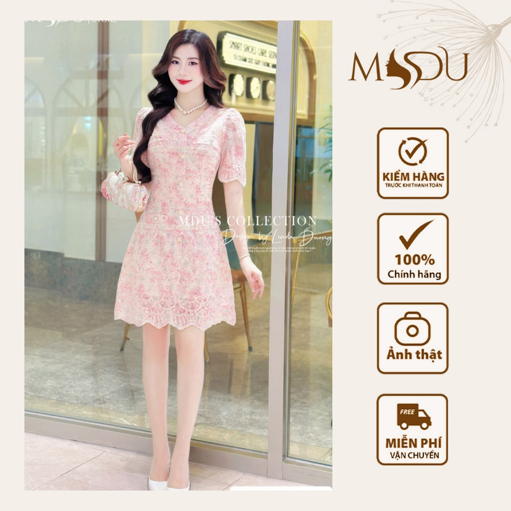 Váy Dạo Phố MDU5147 Cổ V Thanh Thoát, Chất Thô Thêu Nổi Cao Cấp Với Hoa Văn Tinh Xảo Từ MDU