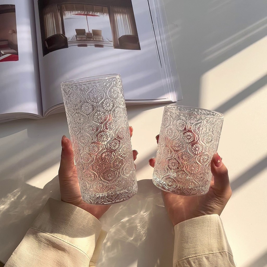 Niche ins Begonia Khắc Kính Đơn Giản Đá Mỹ Latte Cà Phê Sữa Uống Cốc Nước Gia Đình HEXI