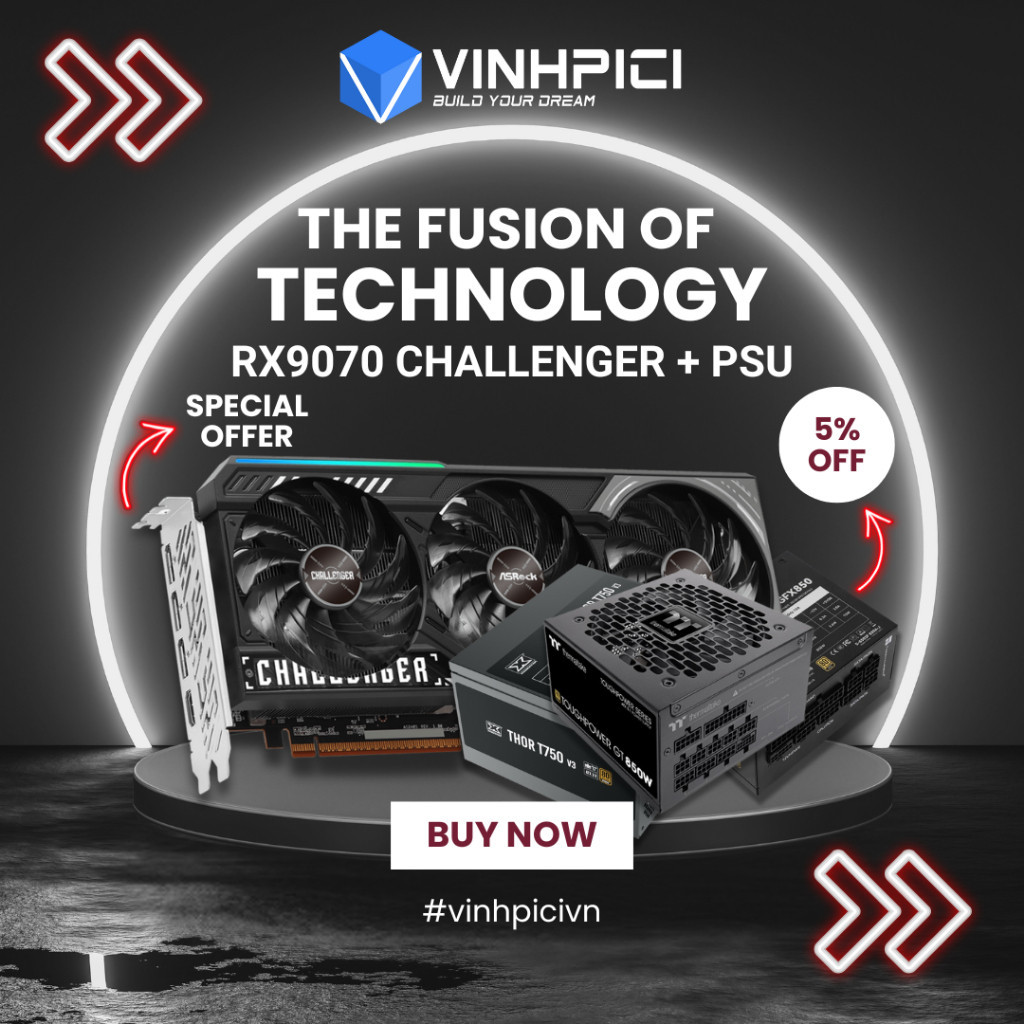 Bộ máy tính COMBO GPU AMD (RX 9070 CHALLENGER + Nguồn 750W 850W)