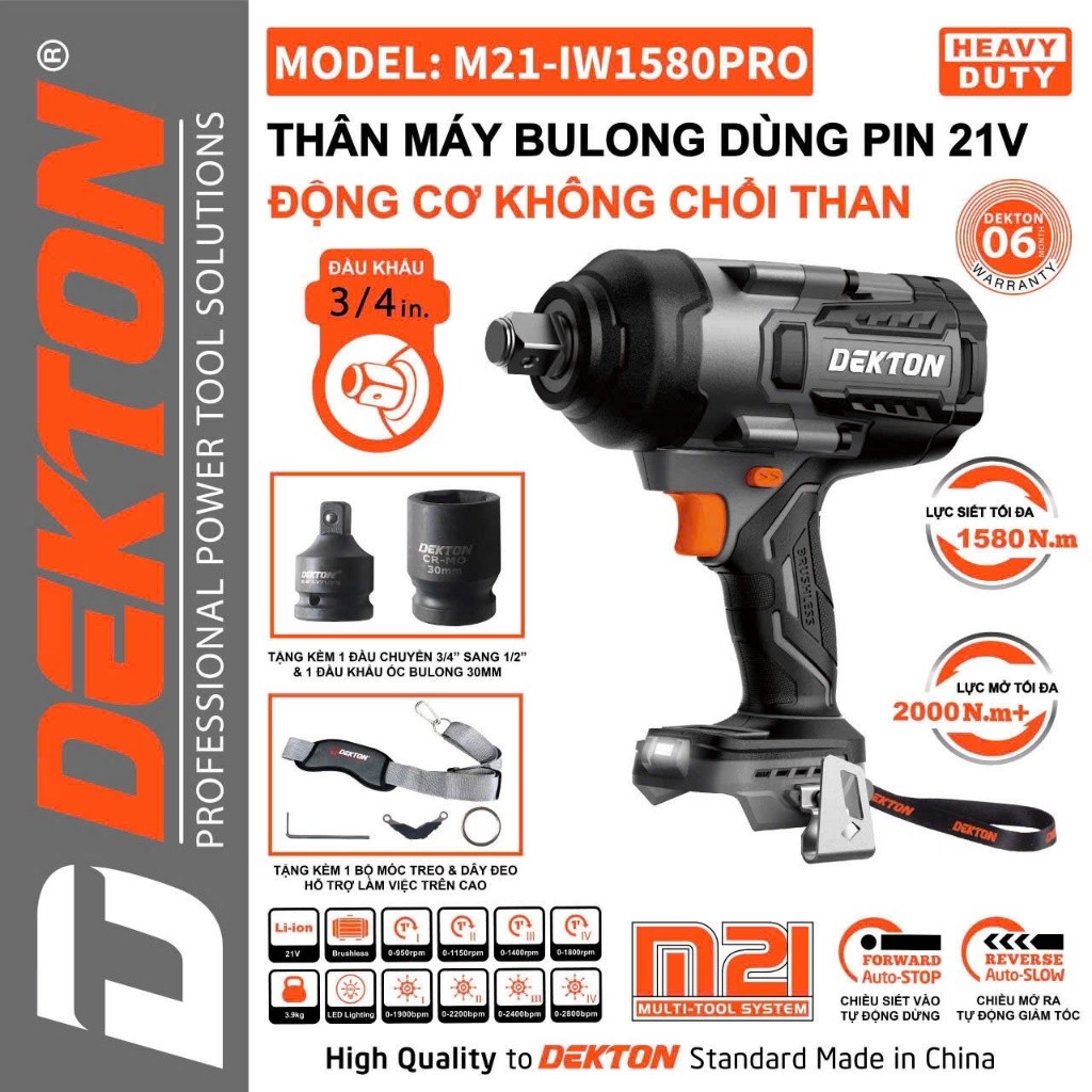 Máy siết bulong pin DEKTON M21-IW1580PRO, Không chổi than 1580Nm 4 Tốc độ, Siết vào tự động, Mở ra g