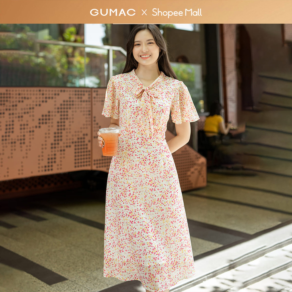 Đầm nữ GUMAC họa tiết phối nơ  DD07064