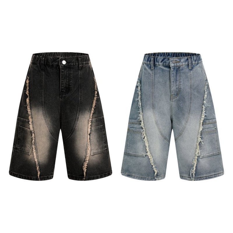 DIOL American-style distressed raw-edge patchwork denim shorts for men, vintage-style, multi-pocket 