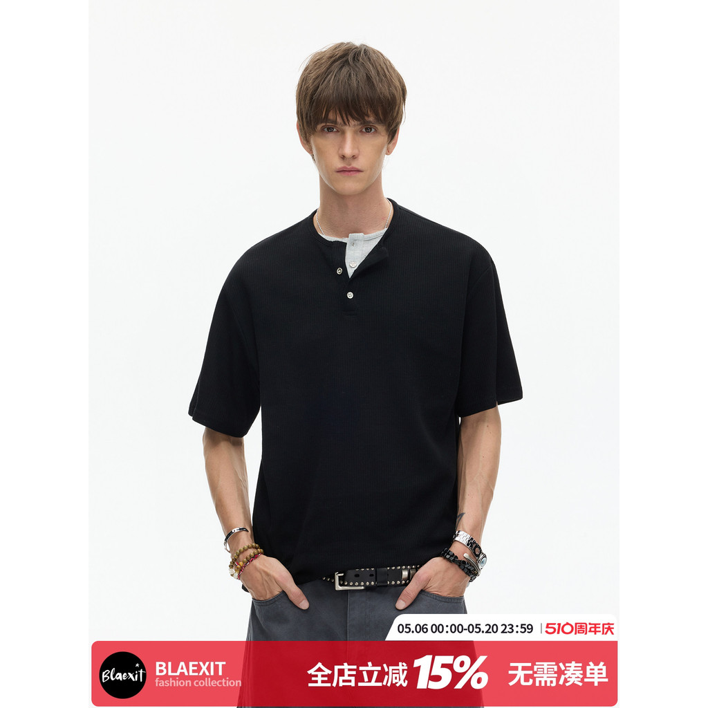 BLAEXIT Old Money Style cleanfit Henry Collar Dệt kim ngắn tay nam đơn giản dáng rộng giản dị Áo thu