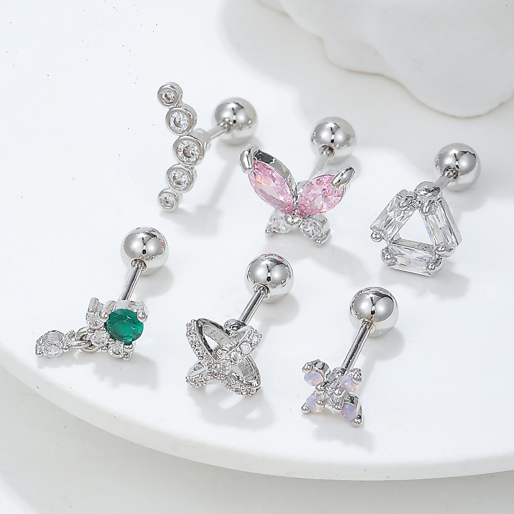 G23 Bông Tai Thép Titan Bướm Hoa Zircon Bông Tai Xuyên Hạt Khóa Bông Tai Trang Sức