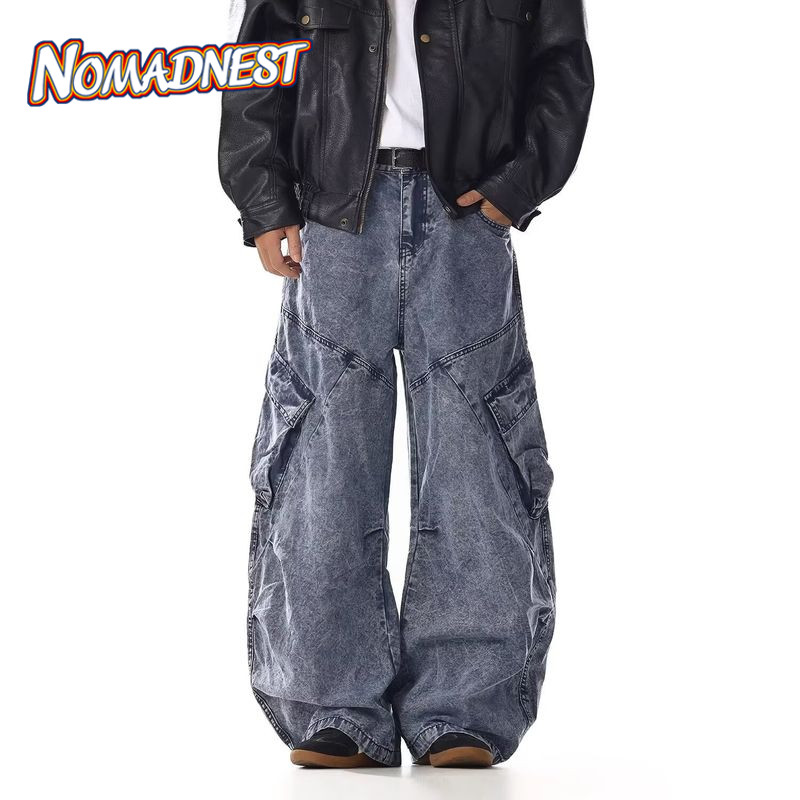 American Retro Heavy Industry Washed and Distressed Cargo Jeans Multi-Pocket Design Sense