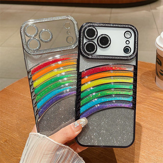 Ốp điện thoại bảo vệ ống kính kim cương thời trang cho IPhone 16 15 14 13 12 11 Pro Max Quicksand Seven Rainbow Shiny Back Cover TPU Vỏ chống sốc