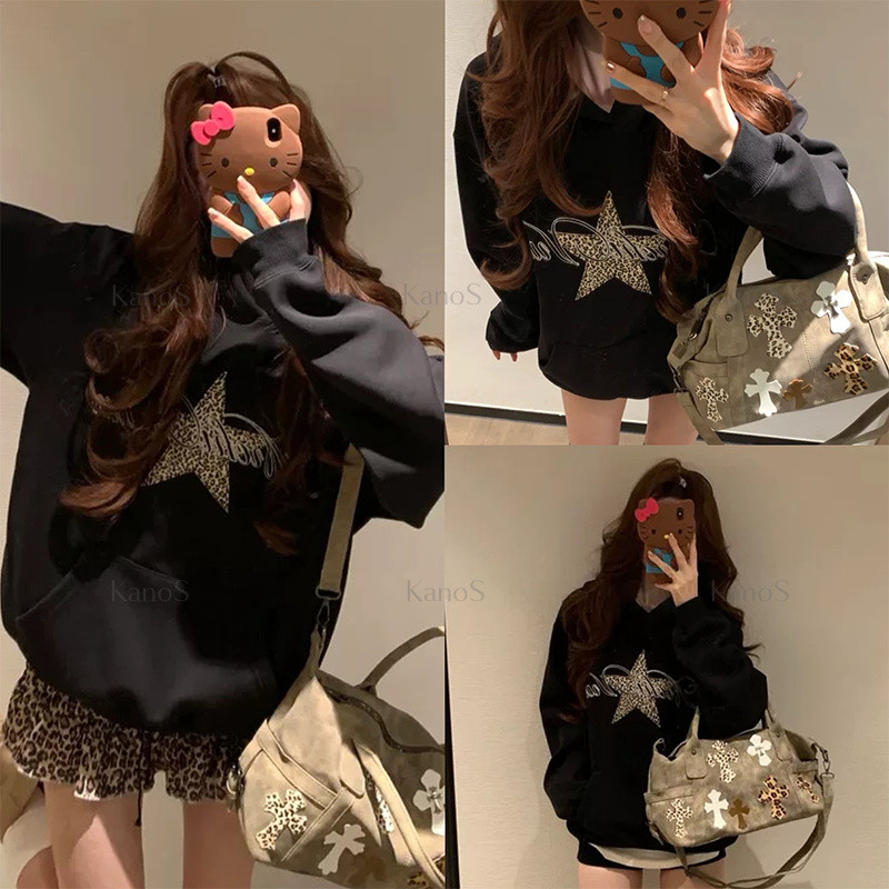 Kanos_shop | Hoodie nữ form rộng,hàn quốc thời trang pentagram&leopard áo tay dài áo thể thao