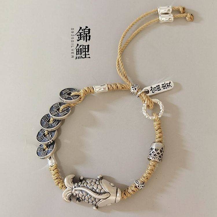 【Ready Stock】 Landing Koi Five Emperors Coin Bracelet Lettering Hand Woven Hand Rope New Chinese Gif