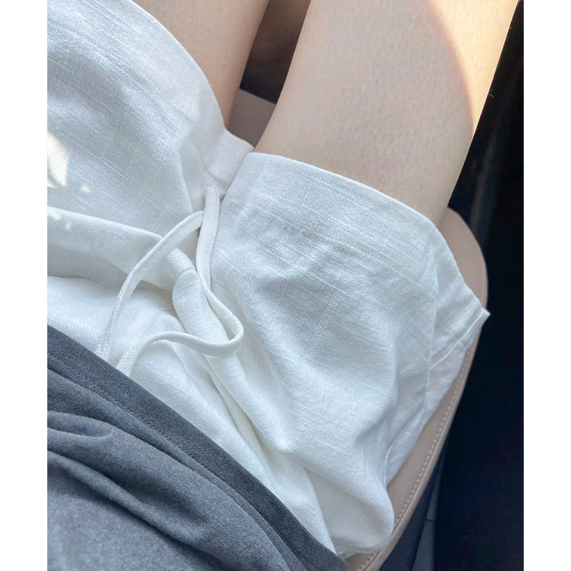 [Sẵn sàng] Quần short vải lanh Cotton lụa băng trắng dành cho nữ mùa hè lưng cao ôm hơn dáng rộng ch