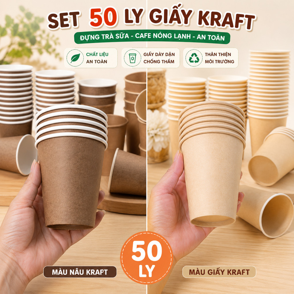 [Set 50 ly giấy kraft] ly giấy nâu dày dùng đựng trà sữa, cafe nóng lạnh, ly giấy trang trí mầm non